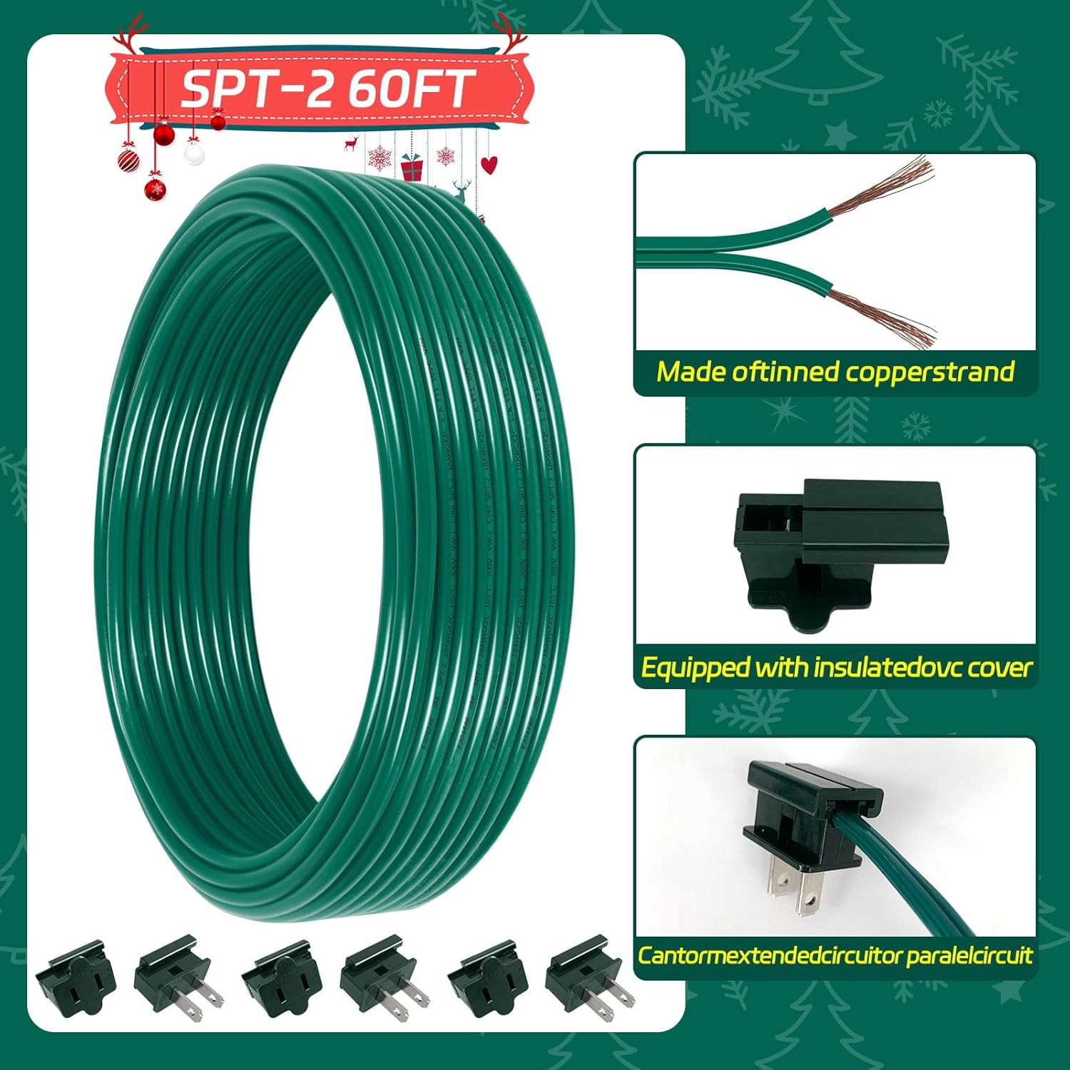 60FT SPT-2 Christmas Electrical Wire with 6pcs Vampire Plugs, 18/2 Gauge Low Voltage Extension Cord, 18 AWG 2-Conductor Flexible Wire for Outdoor Holiday Lights, Landscape Lighting
